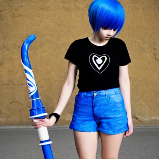 Image similar to an anime girl, holding a giant blue hammer with the logo of a black heart, and the anime girl has blue hair, white and black t - shirt, blue short - pants and she's barefoot without slippers and socks