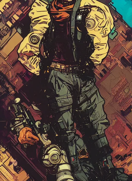 Prompt: hector. cyberpunk mercenary with scenic background. portrait illustration, pop art, art by ashley wood, alphonse mucha, laurie greasley and josan gonzales. cinematic. beautiful lighting.