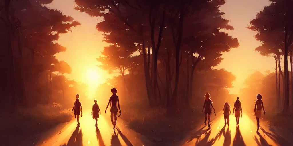 Prompt: a group of close friends walking down the road at sunset, nostalgic, details, sharp focus, illustration, by jordan grimmer and greg rutkowski, trending artstation, pixiv, digital art