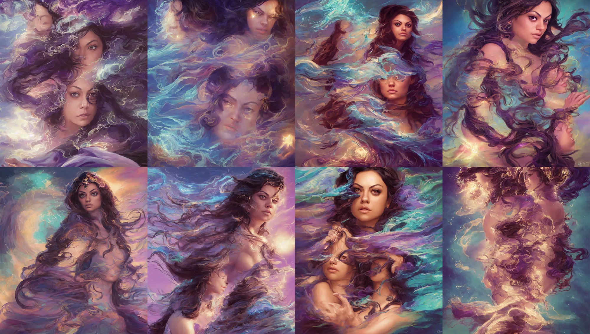 Image similar to close portrait mila kunis, wind sorcerer, intricate robes, gloomhaven, luminescent, colorful swirly magic ripples, pastel colors, by greg manchess, huang guangjian, gil elvgren, sachin teng, greg rutkowski, jesper ejsing, ilya kuvshinov, focal length : 2 0 0. 0 mm