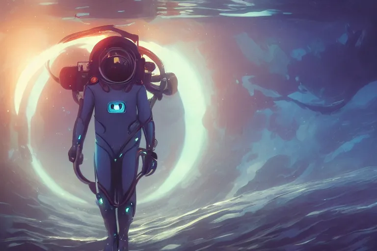 Image similar to futuristic astronaut underwater in the ocean at night, volumetric lighting, glowing lights, 4k, octane, digital painting, artstation, concept art, sharp focus, illustration, art by artgerm and greg rutkowski and alphonse mucha