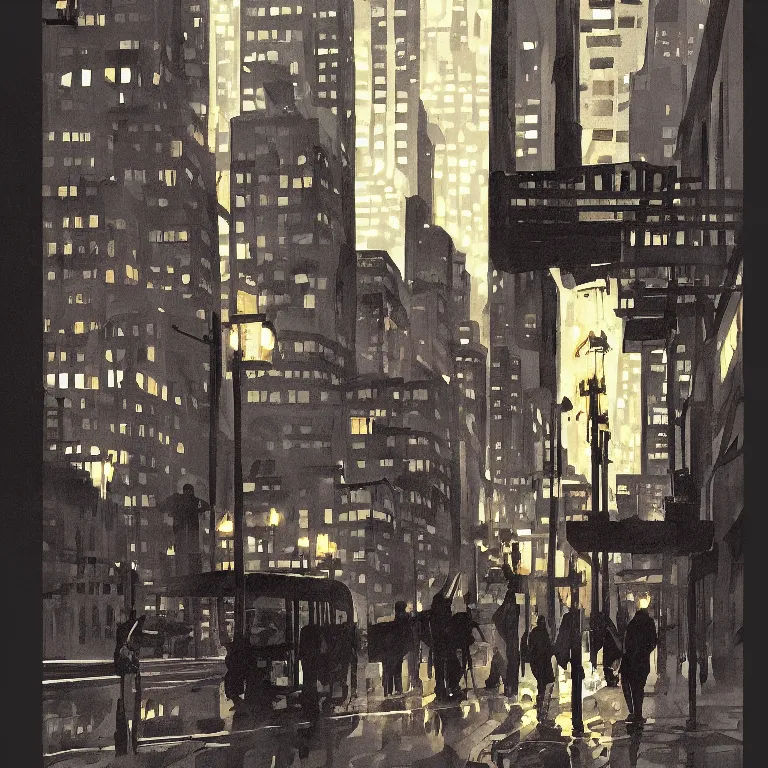 Image similar to dark city bus stop, the new yorker cover, very detailed,ArtStation