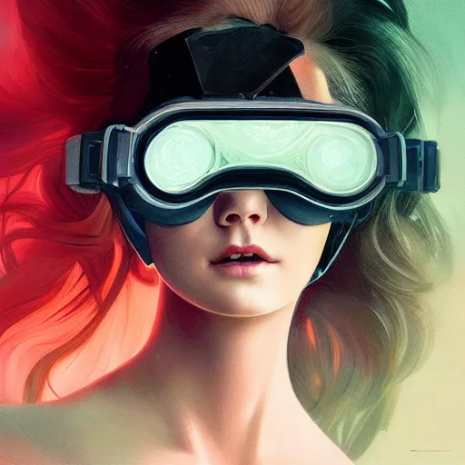 Image similar to head and shoulders portrait of modern darna, elle fanning in night vision goggles, intricate, elegant, dark vibes, highly detailed, digital painting, artstation, glamor pose, concept art, smooth, sharp focus, illustration, art by wlop, mars ravelo and greg rutkowski