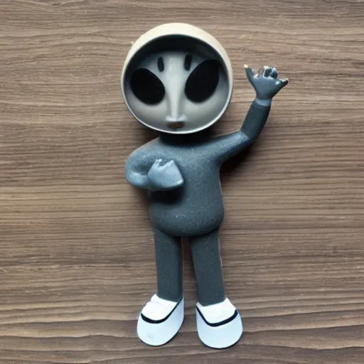 Prompt: photo of vinyl plastic painted toy grey moon face with craters with hands standing on legs wearing sneakers