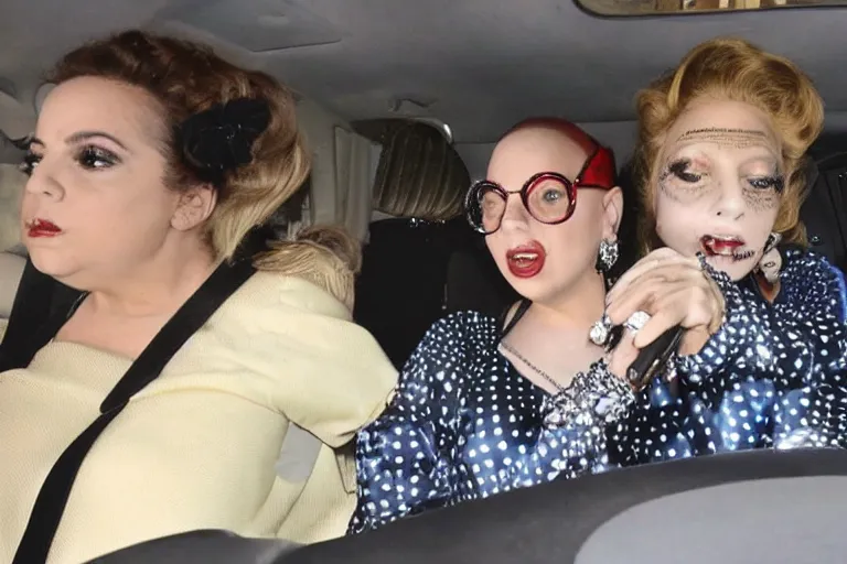 Image similar to lady gaga and judy garland doing carpool karaoke, lady gaga and judy garland, carpool karaoke, lady gaga, judy garland, carpool karaoke, youtube video screenshot, the late late show with james corden