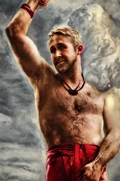 Image similar to painted portrait of ryan gosling as rugged zeus god of thunder greek god white hair masculine handsome upper body red and gold broad shoulders