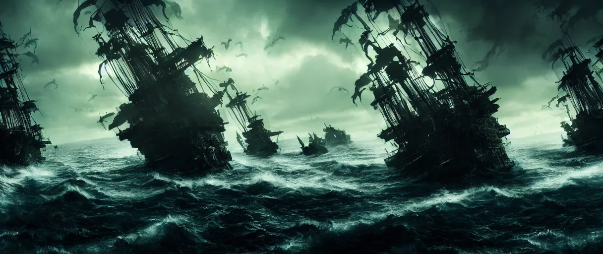 Image similar to pirates fighting kraken, cinematic atmosphere, maximized, high detail, 8k, ornate, dark fantasy, masterpiece, complex, film still from the movie directed by Denis Villeneuve