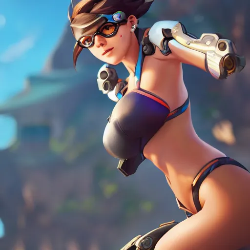 prompthunt: overwatch tracer in a bikini, digital art, pretty face, very  beautiful face, very detailed eyes, 8 k resolution, by wlop, greg  rutkowski, full body