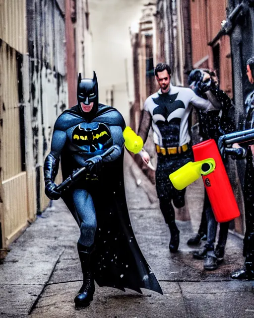 Image similar to happy batman firing super soaker water gun at playful criminals in an alleyway, everyone having fun, product advertisement, photography