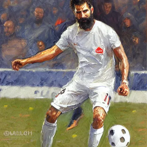 Prompt: a soccer player at a game, angry, bearded, mediterranean features, fantasy character full body portrait by Michael Garmash, Donato Giancola