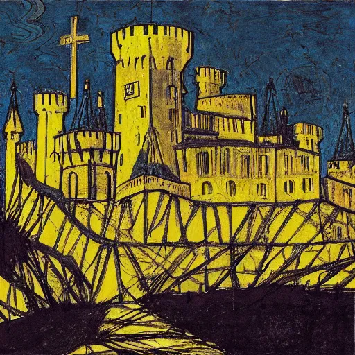 Prompt: A fascinating and detailed description of a medieval castle under siege, by Michael Deforge and Leon Kossoff, style of optical art, chartreuse, Lawrence of Arabia featured on ArtStation, trending on ArtStation, cgsociety, trending on 500px, deviantart