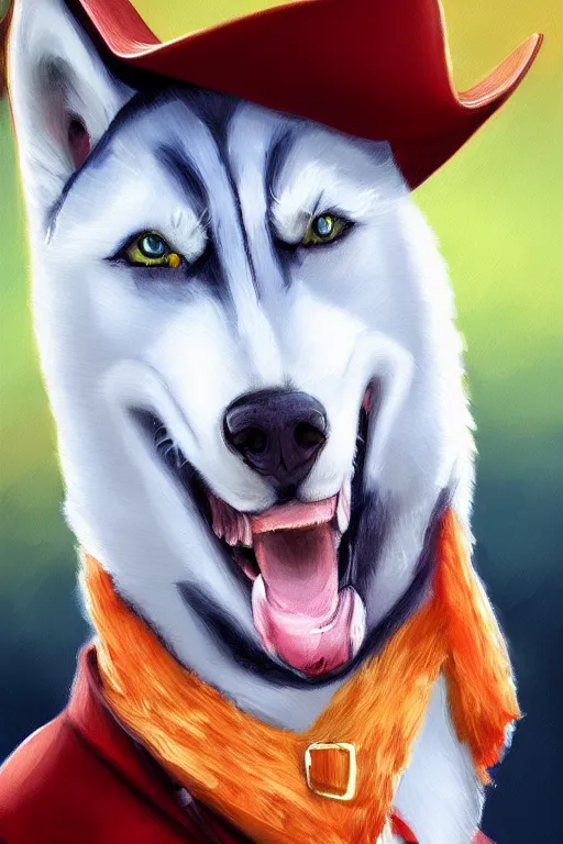 Image similar to a portrait painting of a husky in cowboy costume, wearing a cowboy hat, character design, personify, humanoid, anthropomorphic, trending on artstation