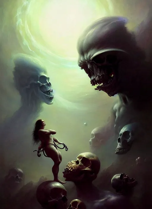 Prompt: shackled in the void of heaven, frank frank frazetta and cgsociety, stunning god sasquatch, charlie bowater and tom bagshaw, insanely detailed, deviantart, space art, atoms surrounded by skulls, death, and spirits deep under the haze smaoke, horror, sci - fi, surrealist painting, by peter mohrbacher