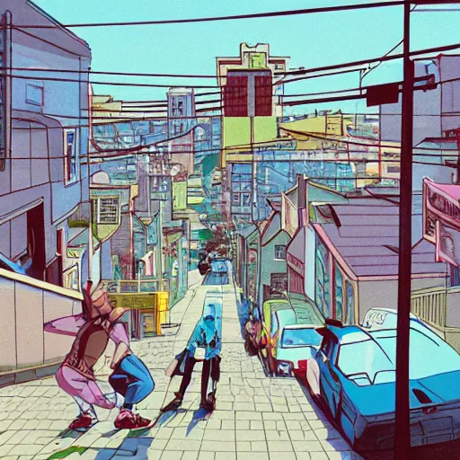 Prompt: city street, sloped street, city on tall hillside, street scene, rollerbladers grinding on rails, skaters, rollerskaters, cel - shading, 2 0 0 1 anime, flcl, jet set radio future, golden hour, japanese town, concentrated buildings, japanese neighborhood, electrical wires, cel - shaded, strong shadows, vivid hues, y 2 k aesthetic