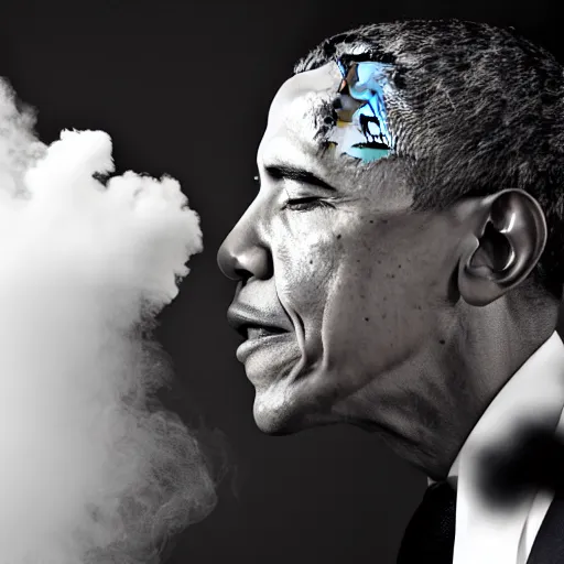 Image similar to barack obama exhaling a large smoke cloud, award winning professional portrait photography