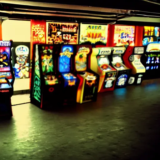 Prompt: beautiful fuzzy photograph of an empty liminal videogame arcade