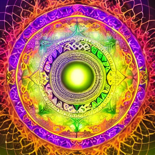 Image similar to rainbowcore, golden yinyang sign glowing, surrounded by lotus, with the sun shining with the moon, with detailed mandala filled with fractals, bioluminescence, glowing runes, de-noise, symmetrical composition, high detailed, super clear, ornate border, 32k immaculate scale, hyper-realistic, Unreal Engine, Octane Render, digital art, trending on Artstation, atmospheric, immaculate