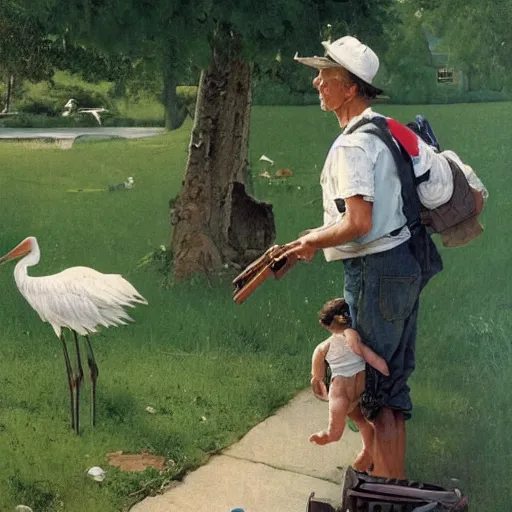 Prompt: a stork is carrying a human baby with a bag in its mouth. a man is chasing the stork away with a shotgun. they're in a trailer park. norman rockwell painting. highly detailed, high quality, 8 k, soft lighting, realistic face, path traced