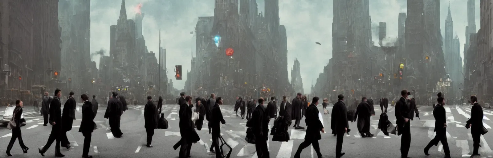 Prompt: People crossing the street from the movie Inception by Christopher Nolan, recursive, surreal, steam punk, highly detailed, smooth, cinematography, high contrast, sharp focus, dynamic lighting, 4k, by Rene Magritte