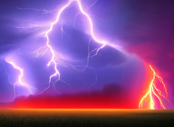 Image similar to lightning strikes a house in a field, epic red - orange aurora, perfect lightning, illustration by niko delort, 4 k, ultra realistic