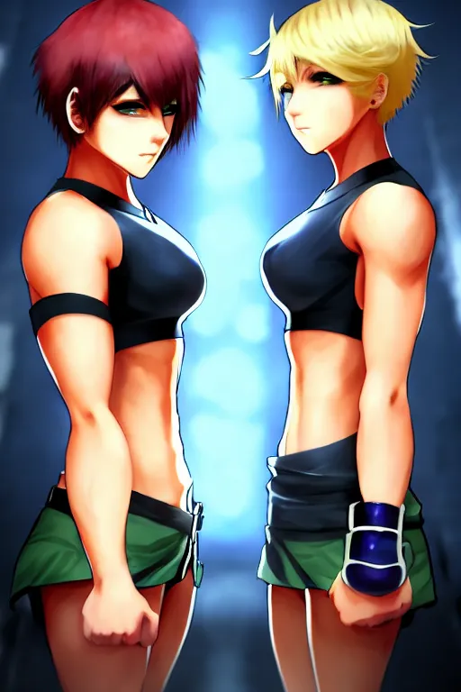 Image similar to two beautiful female fighters with short hair facing each other, gorgeous features, high definition, sharp focus, detailed anime art