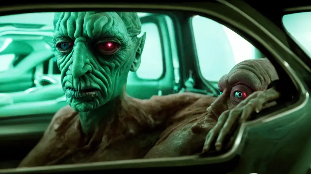 Prompt: the creature sits in a car, made of glowing wax, they look me in the eye, film still from the movie directed by Denis Villeneuve and David Cronenberg with art direction by Salvador Dalí, wide lens