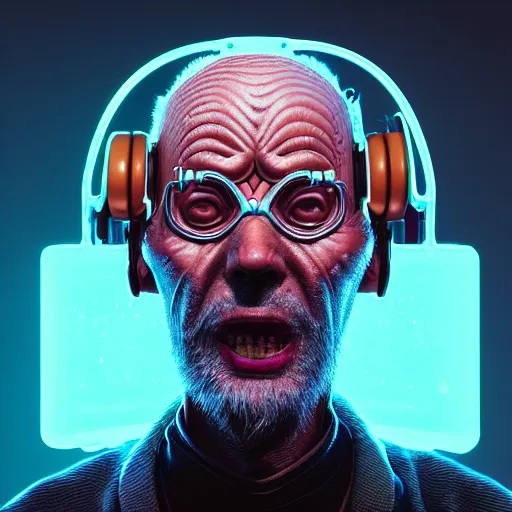 Image similar to Colour Photography of 1000 years old man with highly detailed 1000 years old face wearing higly detailed cyberpunk VR Headset designed by Josan Gonzalez. Man eating higly detailed hot-dog. In style of Josan Gonzalez and Mike Winkelmann andgreg rutkowski and alphonse muchaand Caspar David Friedrich. Rendered in Blender