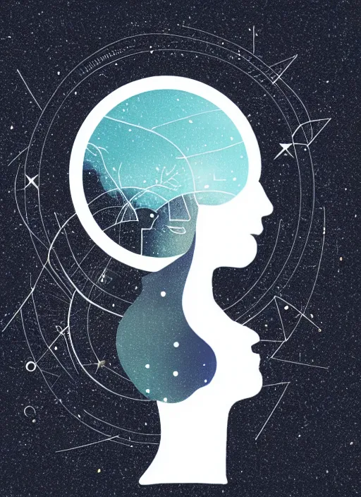 Prompt: minimalist circle logo icon for a wandering mind, contained within a circled, brain funnel attention, stars, retro psychology, victo ngai, kilian eng, lois van baarle