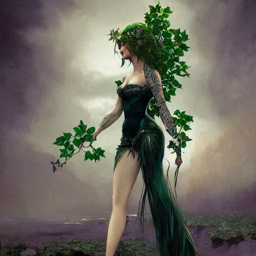 Image similar to a beautiful and detailed matte painting of a poison ivy dressed casually in clothes from hot topic, food court in a mall, dark eyeliner, intricate, elegant, highly detailed, digital painting, artstation, concept art, matte, sharp focus, illustration, art by greg rutkowski and alphonse mucha