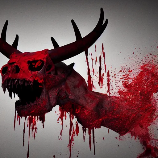 Prompt: god of death, dramatic pose, blood splatters, horns, red, 8 k, hyperrealistic, octane render, dramatic