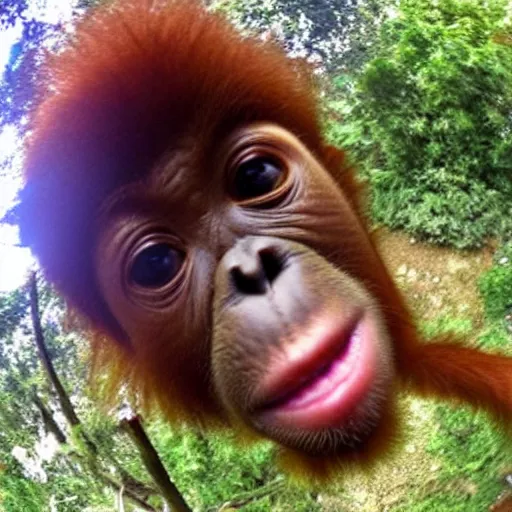 Image similar to baby orangutang, low quality 2 4 0 p fish eye lens selfie