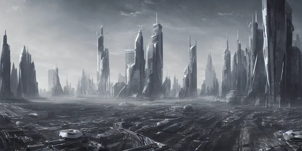 Prompt: massive grey space future city skyline on a planet surface, photoreal, dramatic, cinematic, detailed, magnificiant, realistic, photo real, unreal engine 5, rule of thirds, dynamic lighting, in the style of eddie mendoza and sebastian luedke, star wars