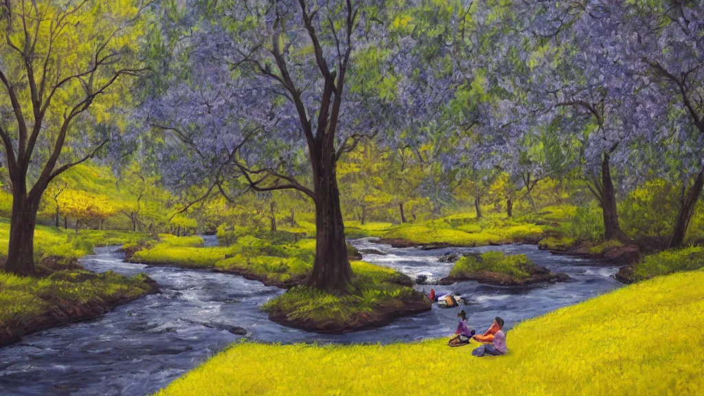 Image similar to A beautiful landscape oil painting of a hill with trees, a person is walking trhough the river and anoter person is sitting under a tree, the spring has arrived and the trees are blooming and covered with yellow, pink, purple and red flowers, the river come from the waterfall and is zigzagging and flowing its way, the river has lots of dark grey rocks, by Greg Rutkowski