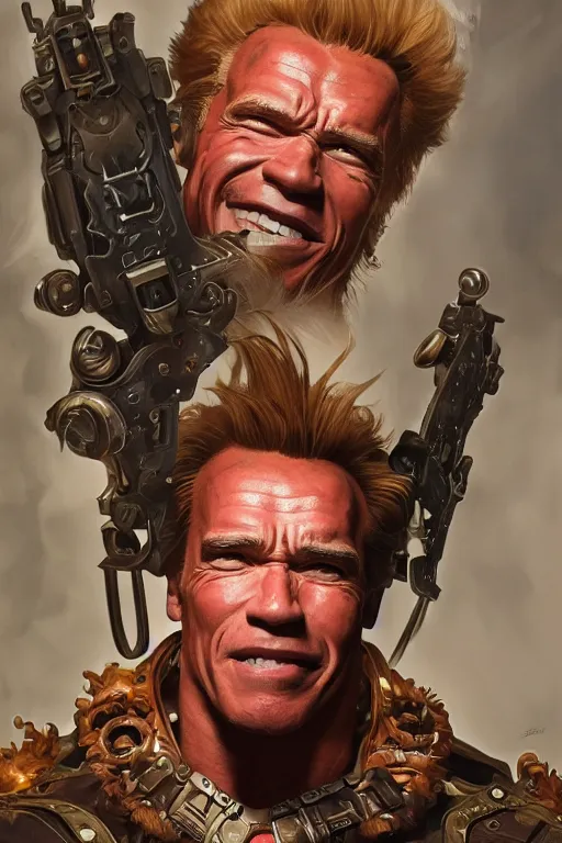 Image similar to portrait of arnold schwarzenegger as junkrat from overwatch, full body, fantasy, intricate, elegant, highly detailed, digital painting, artstation, concept art, sharp focus, illustration, art by artgerm and greg rutkowski and alphonse mucha