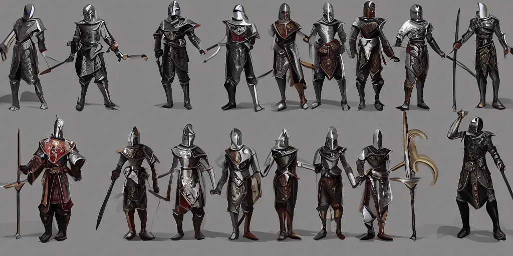 Image similar to different views of medieval knights, concept art by senior character artist, trending on artstation, full body characters designs