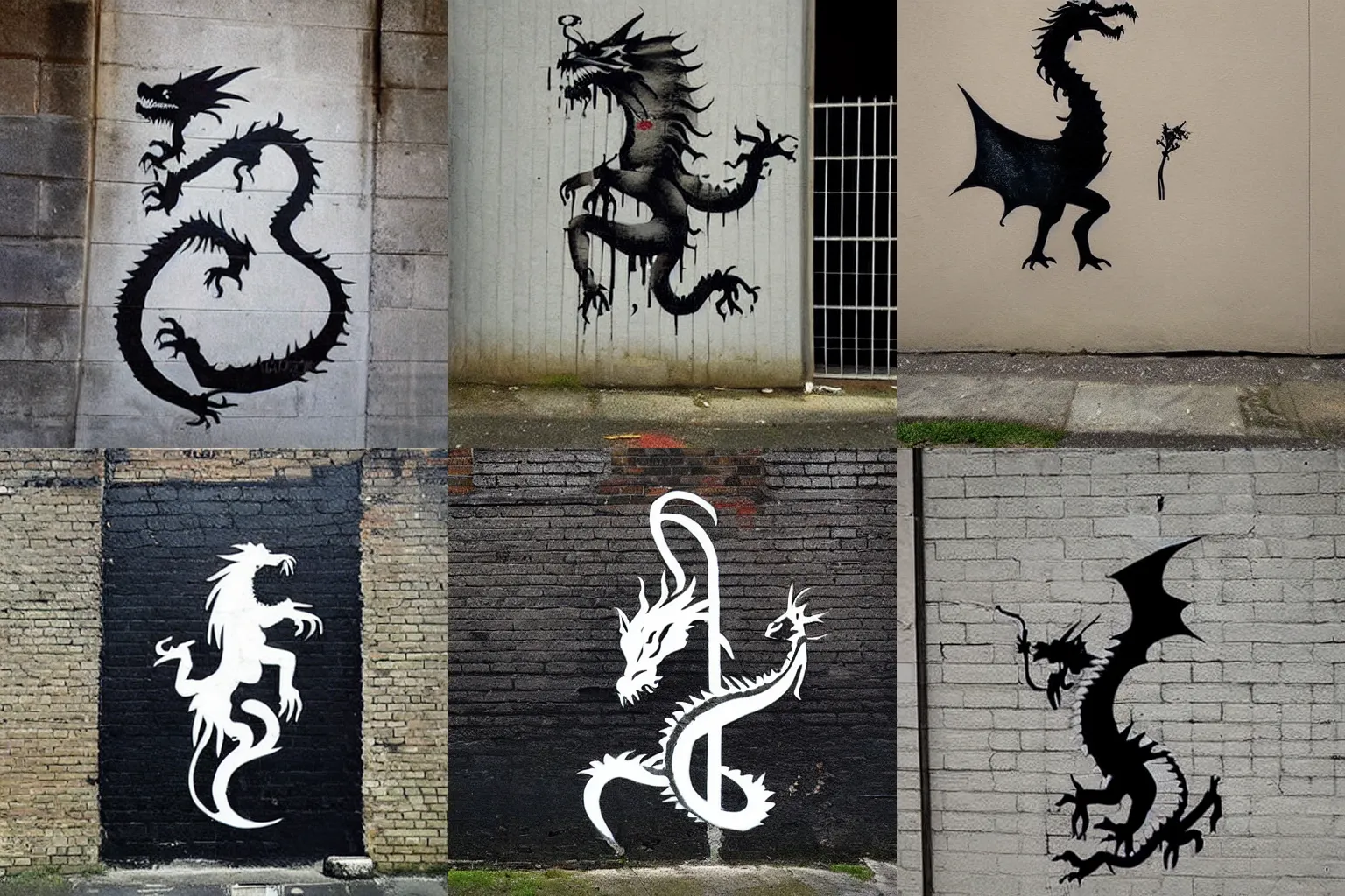 Prompt: beautiful artistic dynamic minimalistic dragon portrait street wall art by banksy