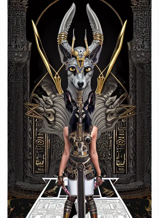 Image similar to angry god anubis, growling jackal with egyptian headdress and nemes, ornate art nouveau marble throne room, black and silver palette, symmetrical background, fantasy, intricate, elegant, highly detailed, colorful, dark colors, dramatic shadow, digital painting, artstation, concept art, art by artgerm and greg rutkowski and ruan jia,