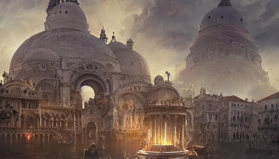 Image similar to an alien ufo spaceship landing on renaissance italy venice city landscape with beautiful temples by greg rutkowski, artgerm, ross tran, magali villeneuve, intricate, time travel theme, audince in awe, sorrounded, award winning