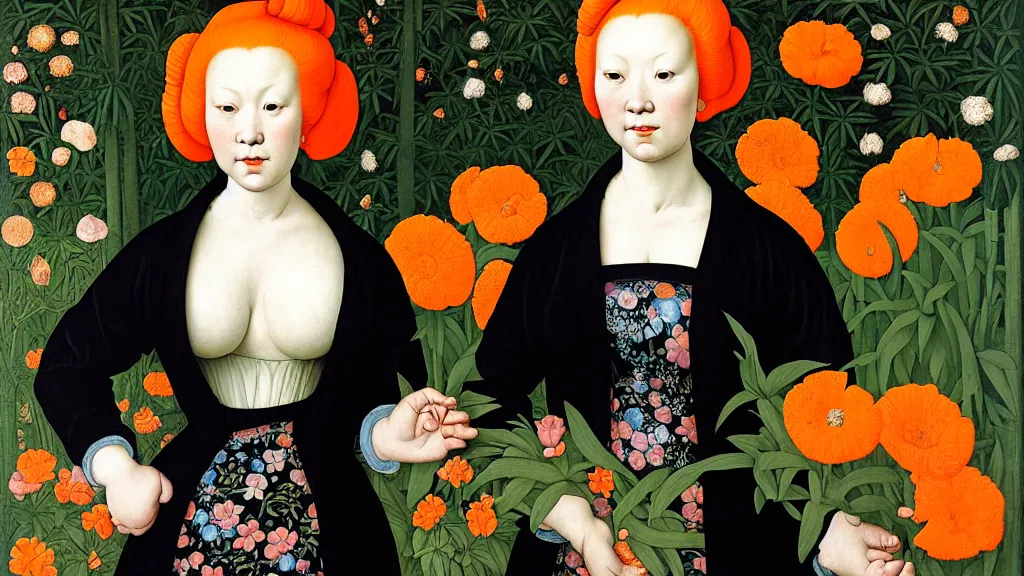 Prompt: portrait of a curvy woman with orange hair buns, wearing a black raincoat, standing in a garden full of plants and flowers, intricate details, high detail, in the style of rogier van der weyden and jacopo da pontormo, punk, asian art,