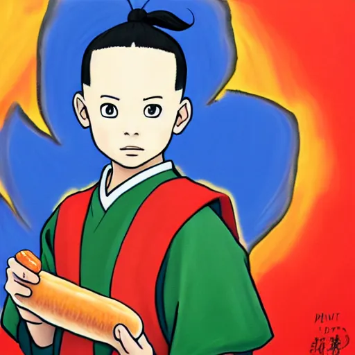 Image similar to a painting portrait of the last airbender in an arsenal jersey holding a hot dog,