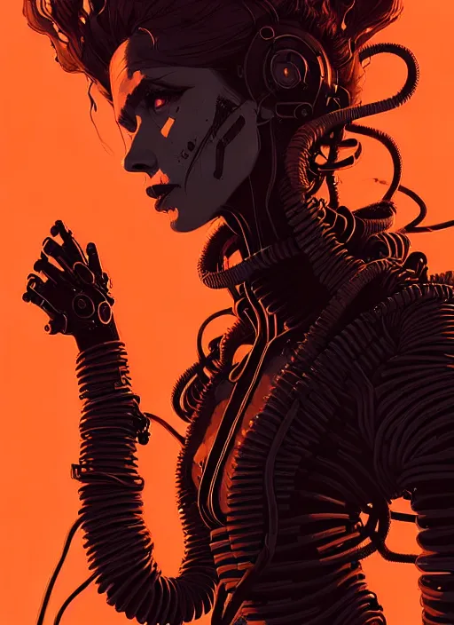 Image similar to highly detailed portrait of wasteland punk long curly fire hair tribal lady, stray wiring by atey ghailan, james gilleard, by joe fenton, by greg rutkowski, by greg tocchini, by kaethe butcher, 4 k resolution, gradient red, orange, black and white color scheme!!! ( ( burning flaming robotic dystopian city background ) )