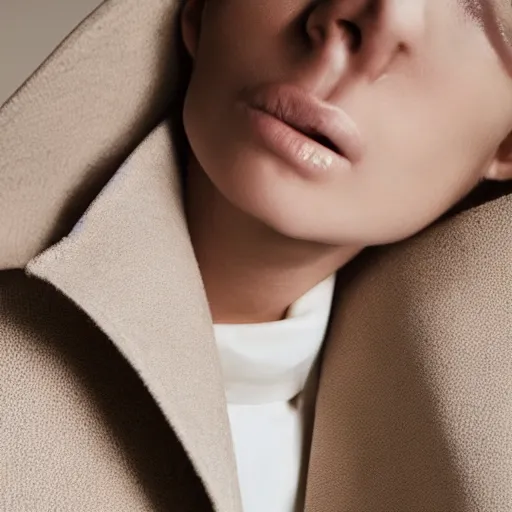 Prompt: close up of face of female fashion model in minimalistic dress, beige colors, official jil sander editorial