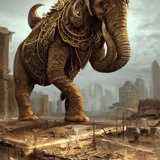 Prompt: golden mammoth golden golden mammoth in a ruined city in a ruined city stylized artgerm artstation hd cgsociety cgi realistic dramatic cinematic artistic trending detailed