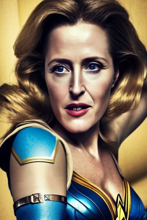 Image similar to photo of a beautiful 40-year-old Gillian Anderson dressed as wonder woman (2020) by Mario Testino and stanley lau, detailed, award winning, Sony a7R, trending on artstation