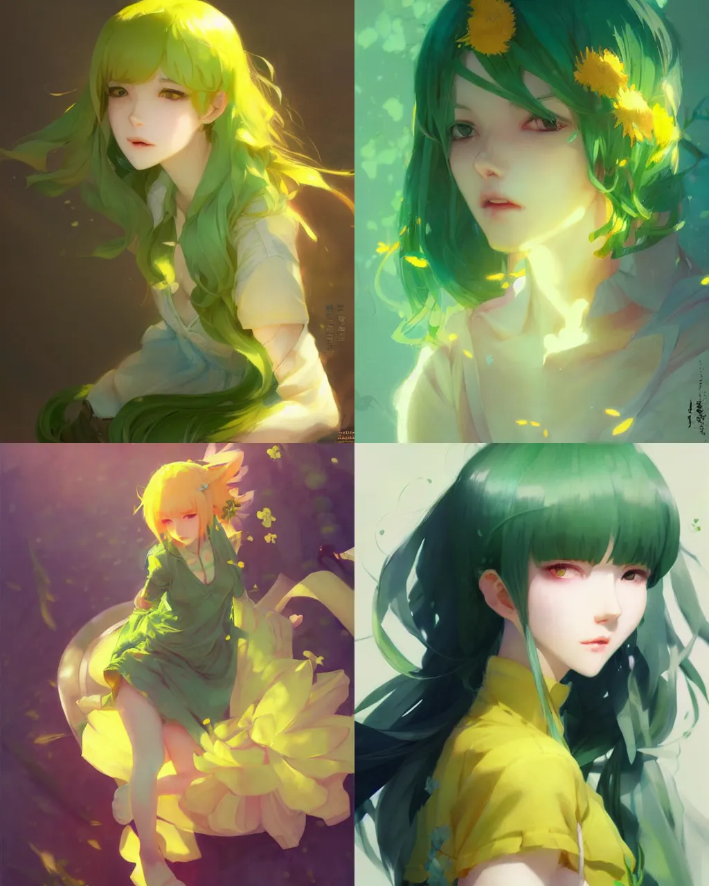 Prompt: girl with green hair and yellow clothing, flower decoration on the background, a beautiful half body illustration, top lighting, perfect shadow, soft painting, art by hidari and krenz cushart and wenjun lin