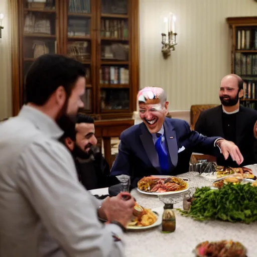 Prompt: 4 k hdr portrait wide angle photo of president joe biden laughing at a dinner table meeting surrounded by taliban terrorist leaders