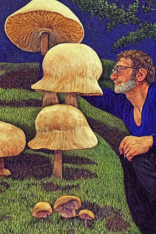 Image similar to an artistic jean giraud portrait of paul stamets admiring the mushroom, renaissance themed