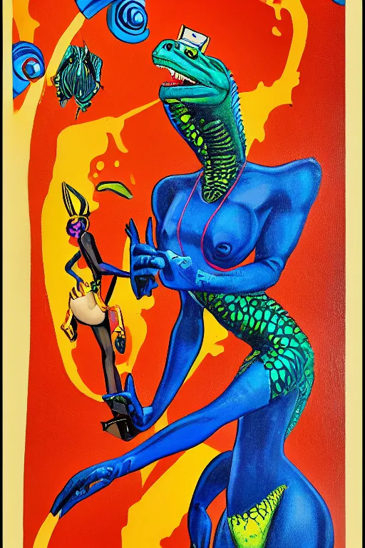 Prompt: An anthropomorphic lizard go-go dancer, beautiful female, 1960s steampunk psychedelic rave aesthetic. In the style of Ralph Bakshi and Alain Aslan. Oil on canvas, propaganda poster.