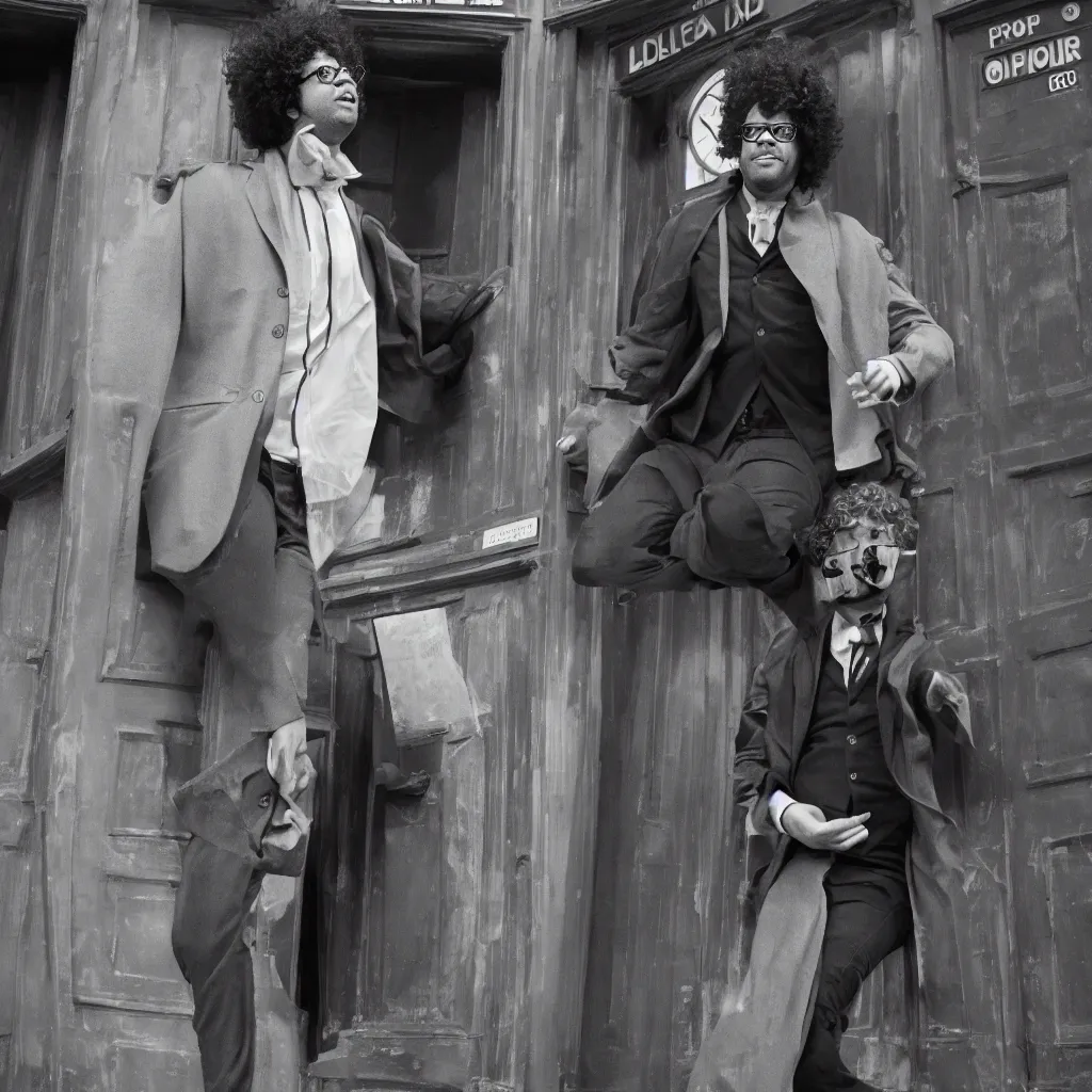 Prompt: A dslr portrait of Richard Ayoade as the Doctor, posing alone in front of Tardis, high quality 35mm film