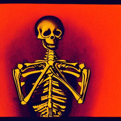 Image similar to vivid risograph of one skeleton on orange background